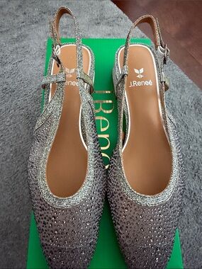 J.Renee Silver Glitter Pointed Slingback Flats NWT
